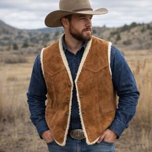 Vtg 80s Steer Brand Leather Shearling Vest Mens L Western Ranch Sherpa Lined